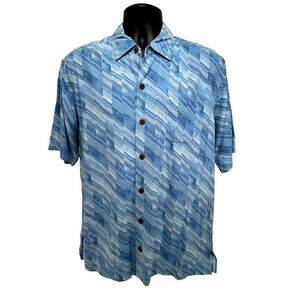 Tommy Bahama Shirt 100% Silk Hawaiian Blue Geometric Vacation Camp Shirt Size M